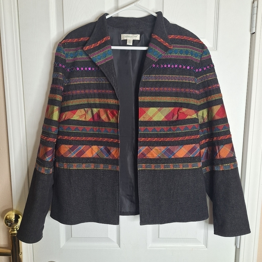 Coldwater Creek Jacket Denim Blazer Embroidered Ribbon Open Artsy Size 14
